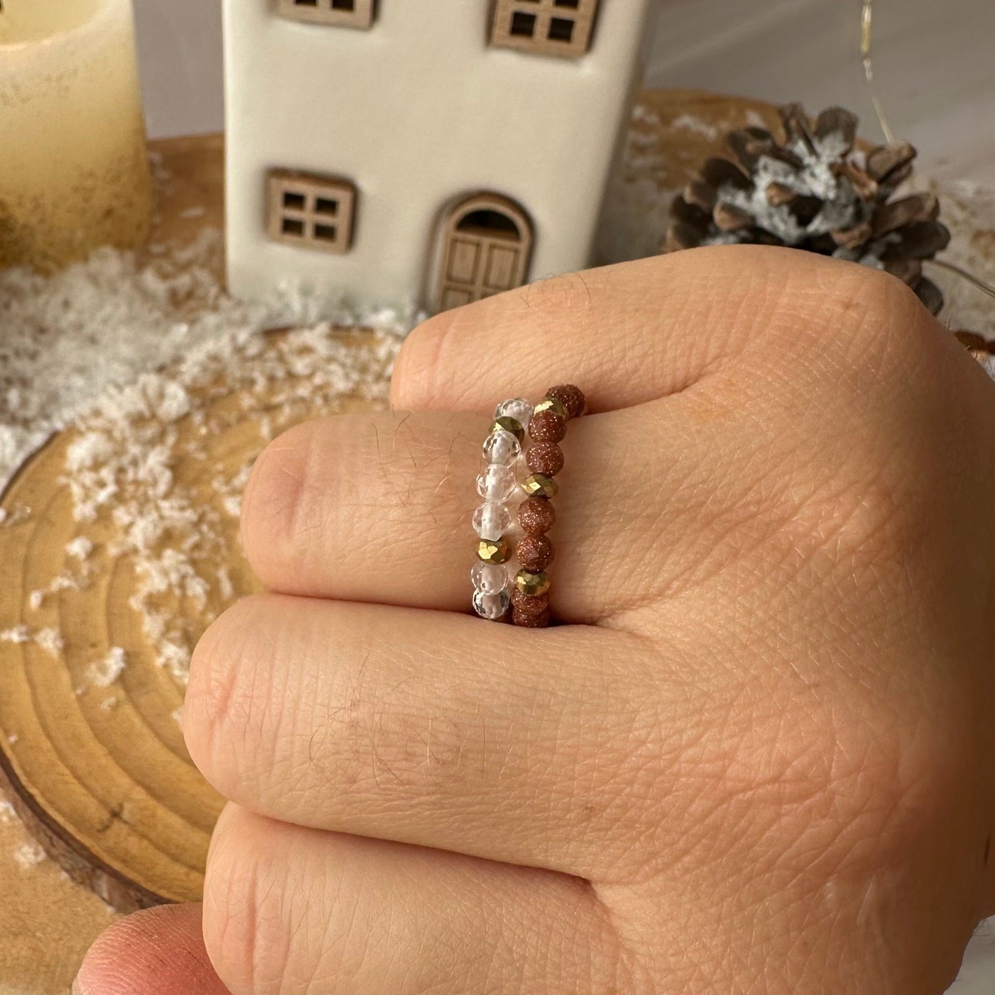 Bague perles à facettes élastique